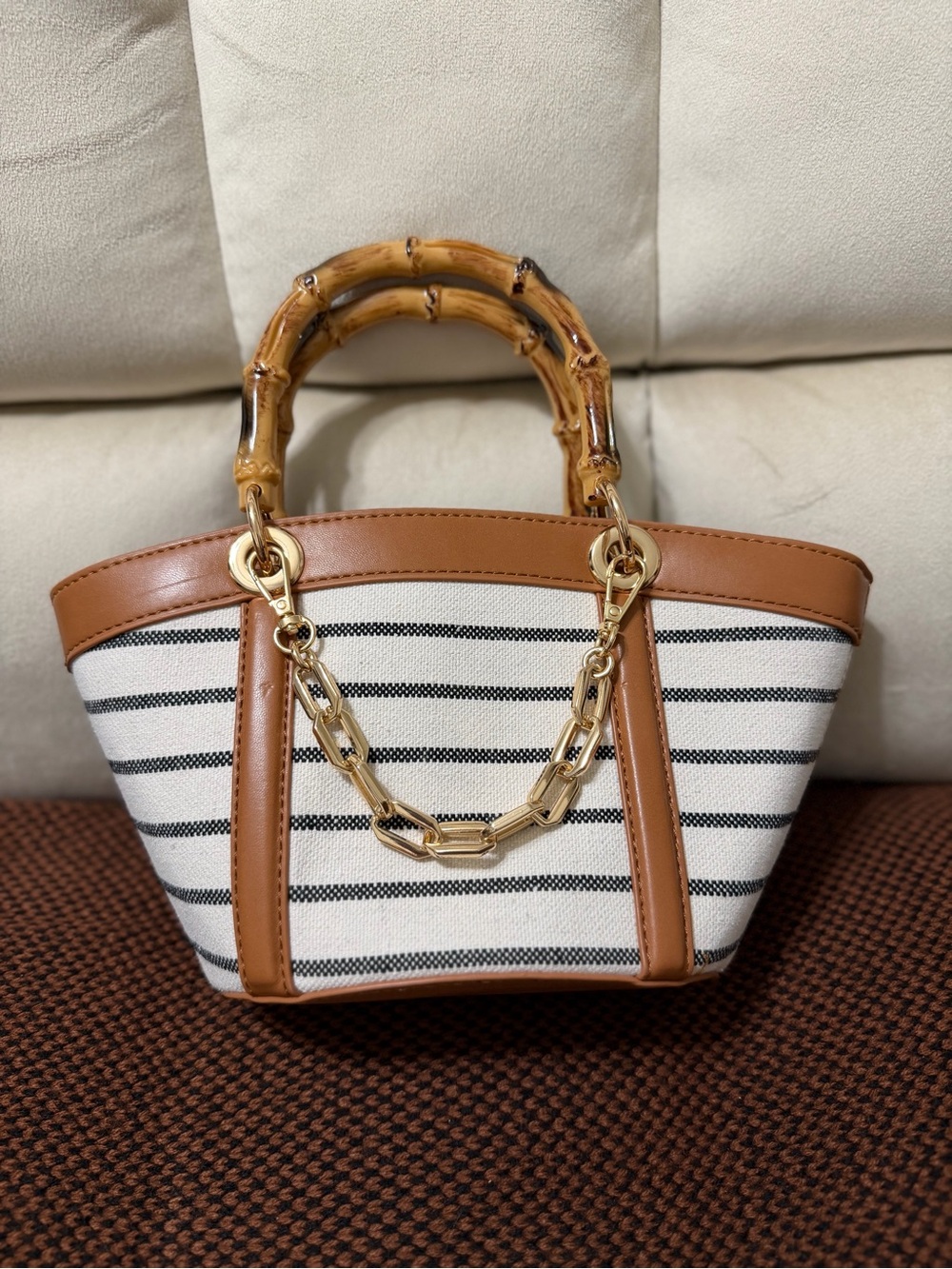 Aldo Striped Canvas Mini Tote with Bamboo Handles - White/Black/Tan